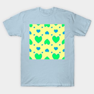 Blue and green hearts on yellow T-Shirt